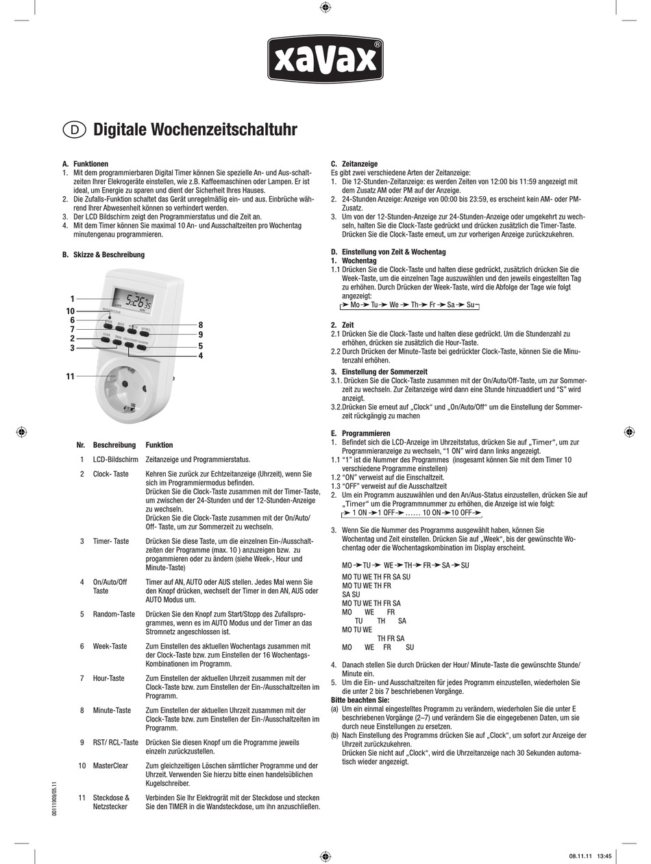 XAVAX DIGITAL WEEKLY TIMER SWITCH QUICK START QUIDE Pdf Download