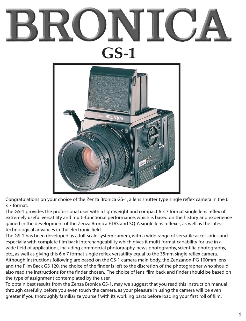 Zenza Bronica Gs 1 Owner S Manual Pdf Download Manualslib