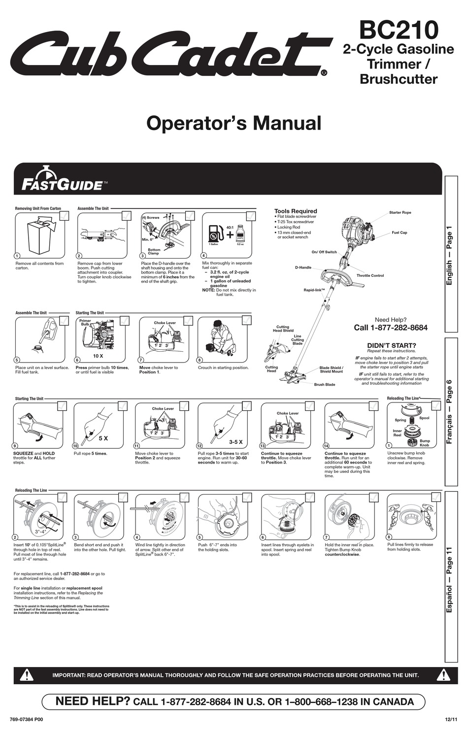 Cleaning And Storage; Troubleshooting Chart; Specifications - Cub Cadet BC  210 Operator's Manual [Page 5]