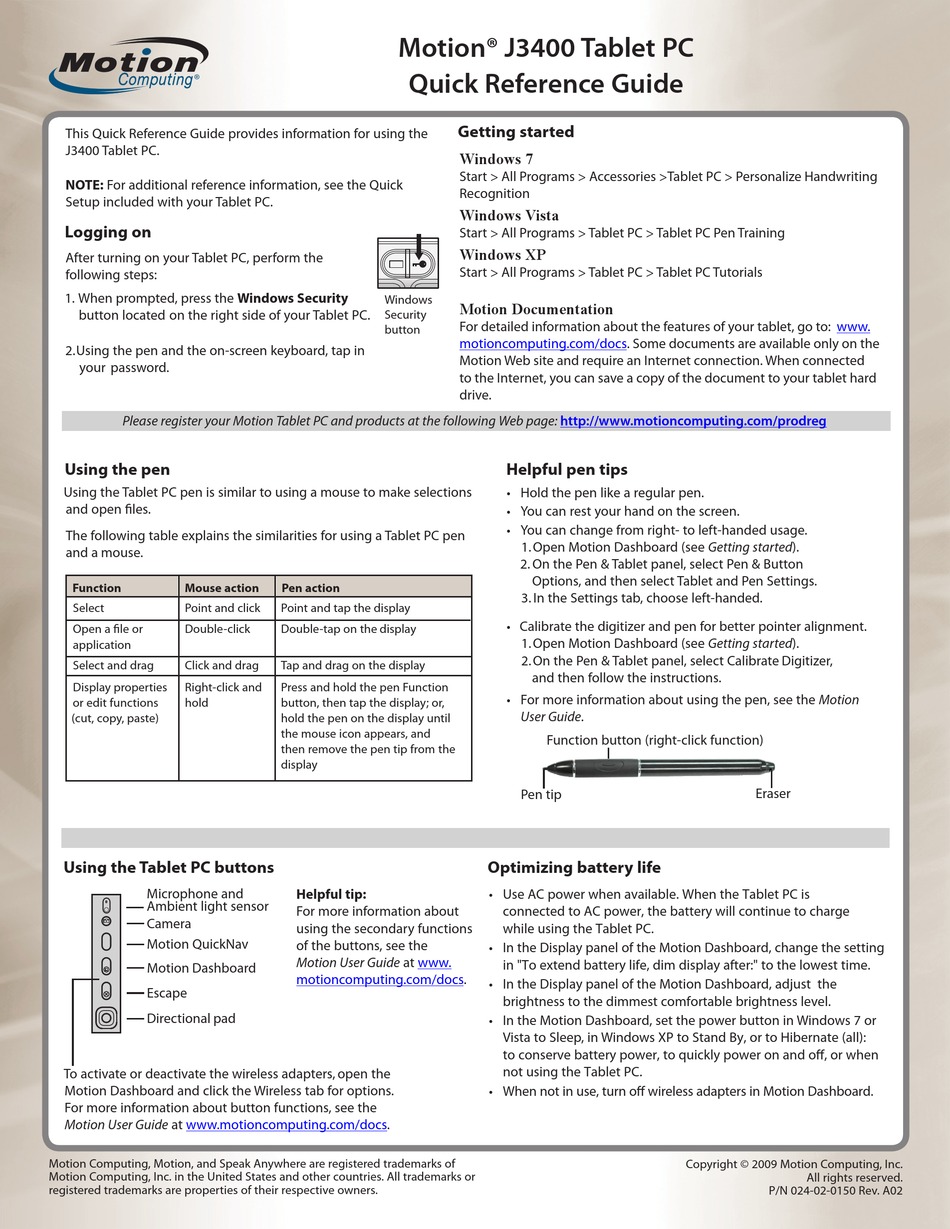 MOTION COMPUTING J3400 QUICK REFERENCE MANUAL Pdf Download | ManualsLib