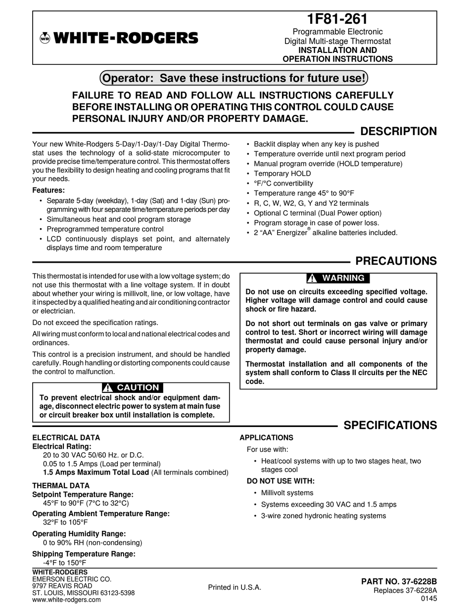 White Rodgers Thermostat Wiring Diagram 1f80 261 - Wiring Diagram