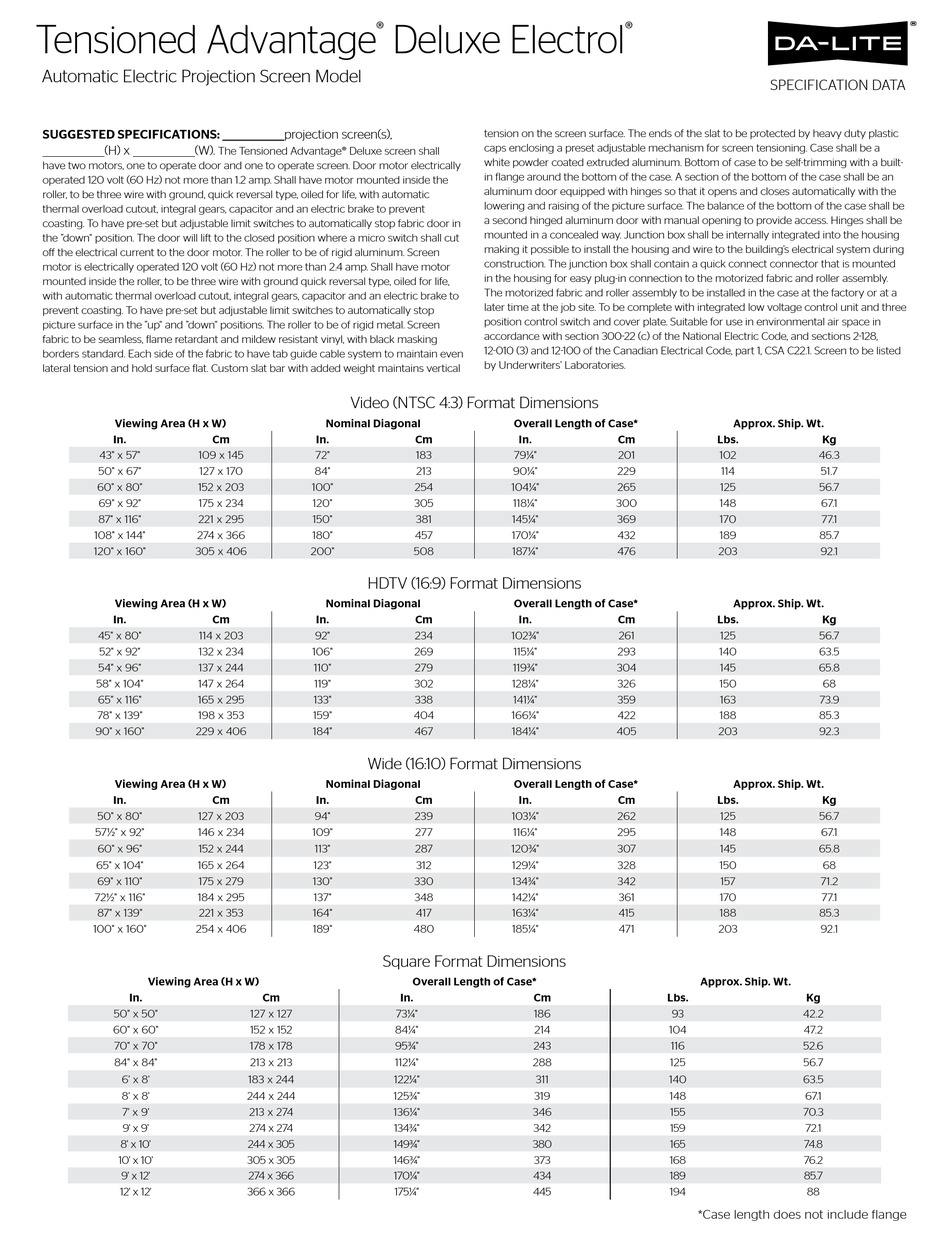 DA-LITE TENSIONED ADVANTAGE DELUXE ELECTROL SPECIFICATION Pdf Download ...