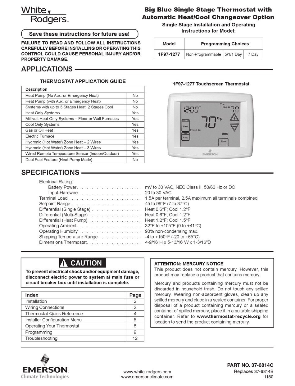 WHITE RODGERS 1F97-1277 INSTALLATION AND OPERATING INSTRUCTIONS MANUAL ...