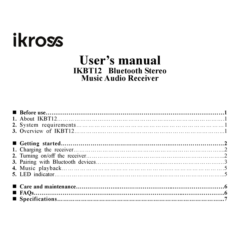 Ikross Ikbt12 User Manual Pdf Download Manualslib