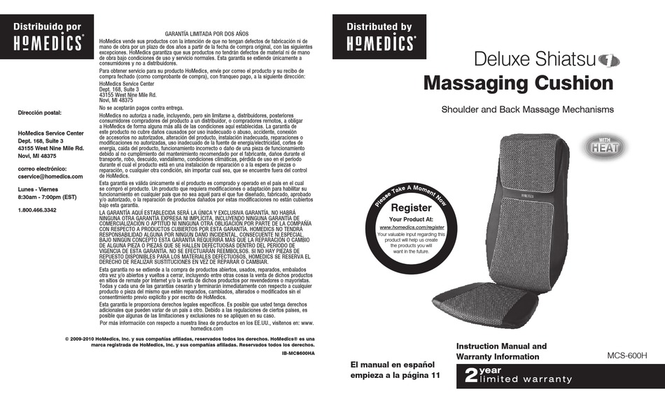 HOMEDICS MCS600H INSTRUCTION MANUAL AND WARRANTY Pdf Download ManualsLib