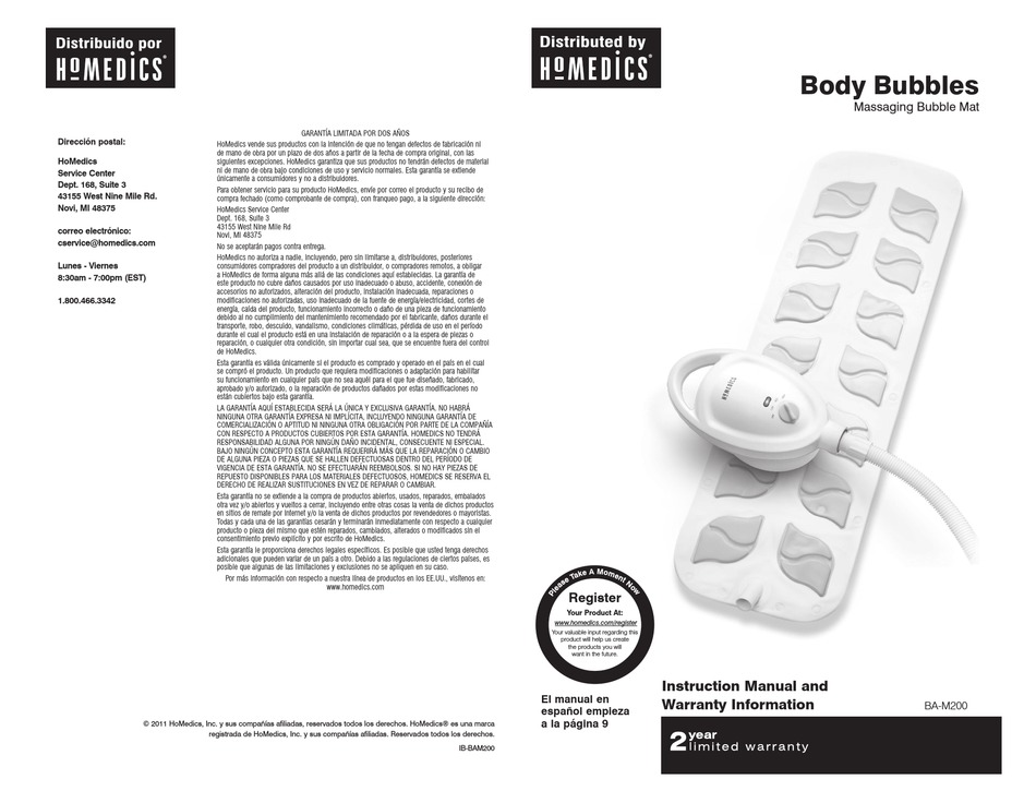 HOMEDICS BODY BUBBLES BAM200 INSTRUCTION MANUAL Pdf Download ManualsLib