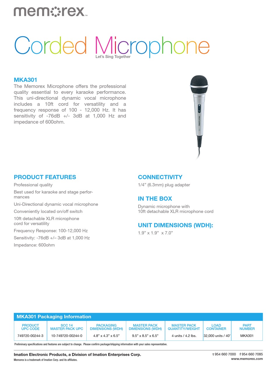 MEMOREX MKA301 CORDED HANDHELD KARAOKE MICROPHONE PRODUCT