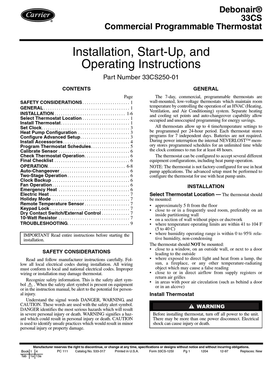 CARRIER 33CS INSTALLATION, START-UP, AND OPERATING INSTRUCTIONS MANUAL
