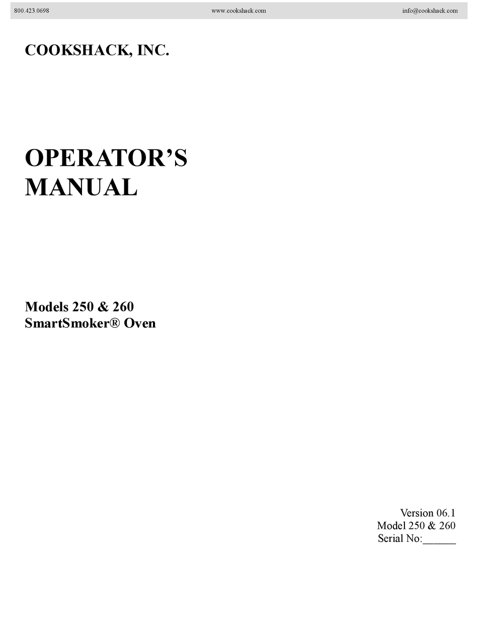 COOKSHACK SMARTSMOKER 250 OPERATOR'S MANUAL Pdf Download ManualsLib