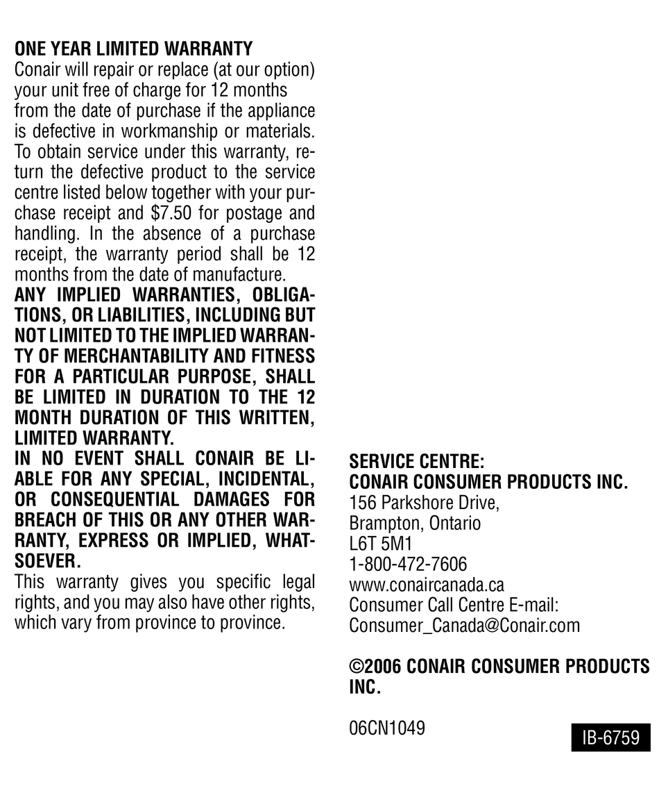 CONAIR GS11RHC INSTRUCTIONS FOR USE MANUAL Pdf Download | ManualsLib