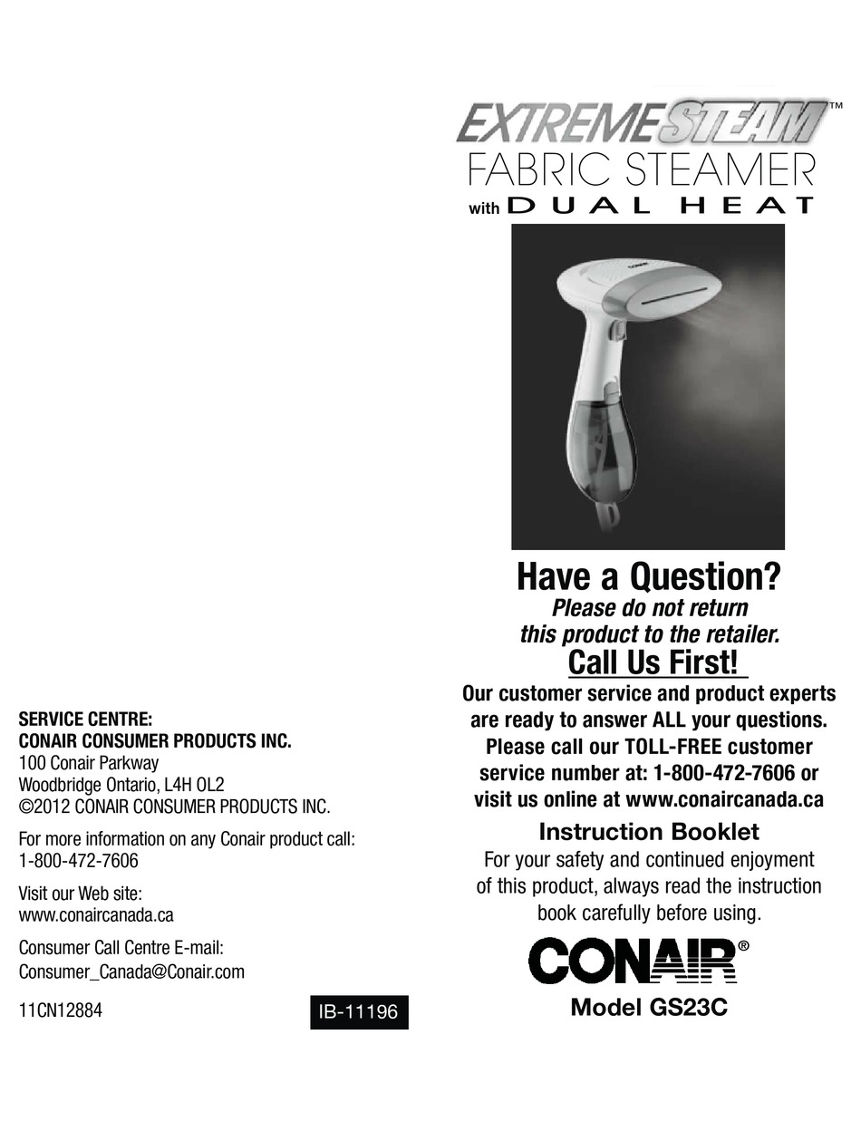 CONAIR EXTREME STEAM GS23C INSTRUCTION BOOKLET Pdf Download | ManualsLib