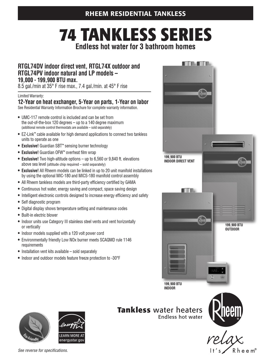 RHEEM RTGL74DVN-1 SPECIFICATIONS Pdf Download | ManualsLib