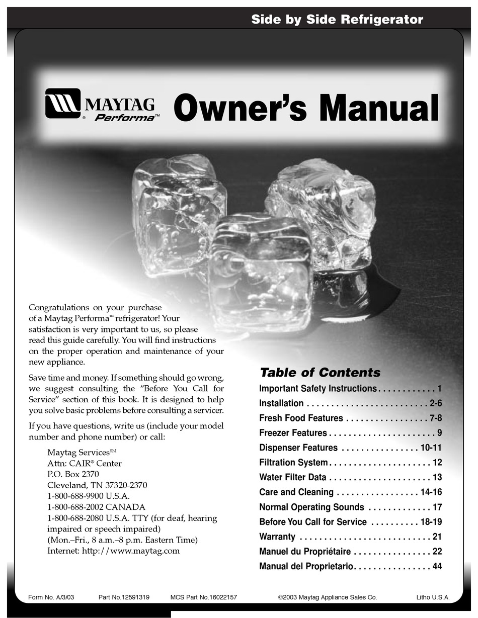 MAYTAG SIDE BY SIDE REFRIGERATOR OWNER'S MANUAL Pdf Download ManualsLib