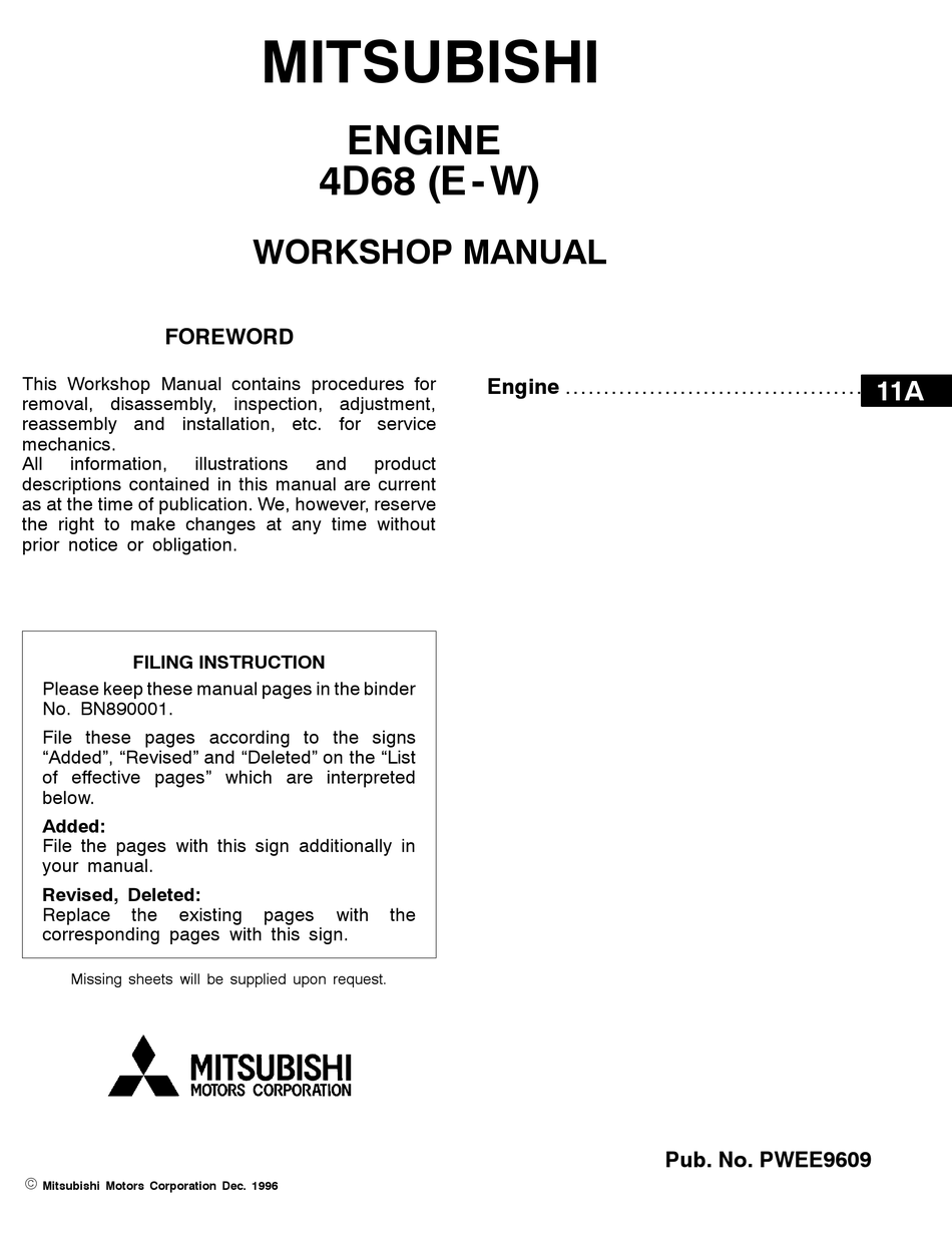 MITSUBISHI 4D68 (E-W) WORKSHOP MANUAL Pdf Download | ManualsLib
