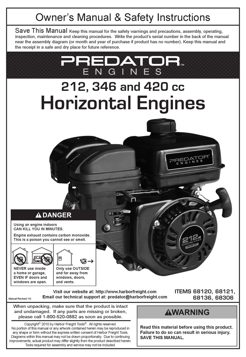 PREDATOR ENGINES PREDATOR 212 OWNER'S MANUAL & SAFETY INSTRUCTIONS Pdf