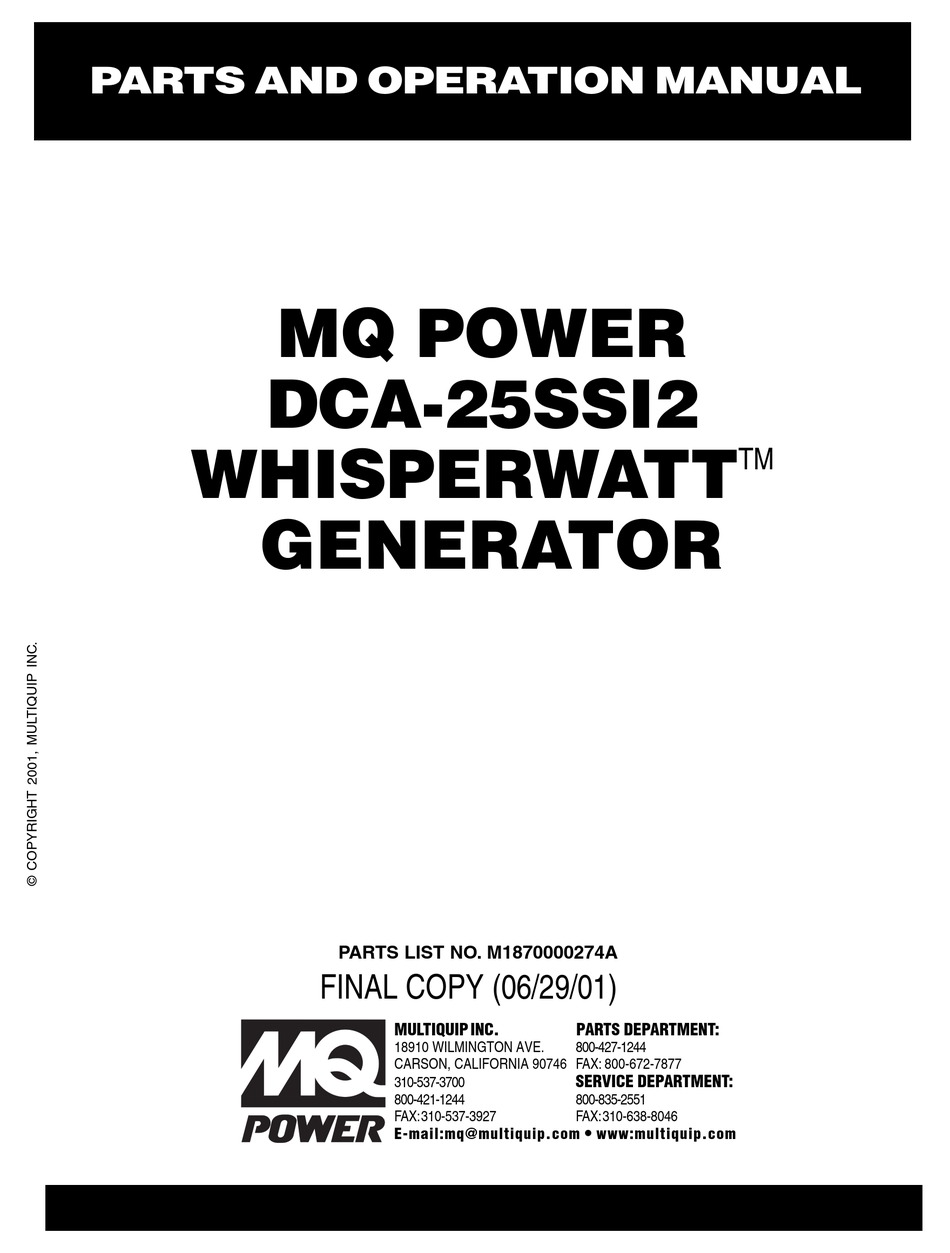 MULTIQUIP POWER WHISPERWATT DCA-25SSI2 PARTS AND OPERATION MANUAL Pdf Sns-Brigh10