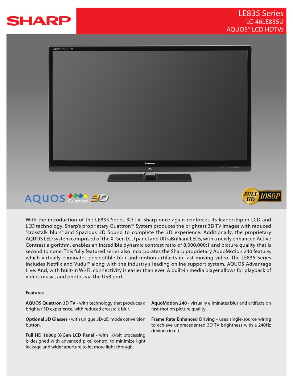 SHARP AQUOS LC-46LE835U QUICK MANUAL Pdf Download | ManualsLib