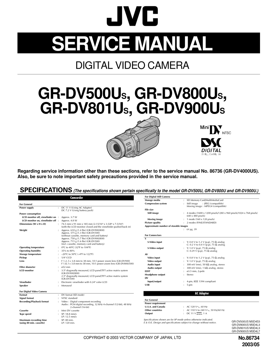 Jvc Gr Dv500us Specification Pdf Download Manualslib