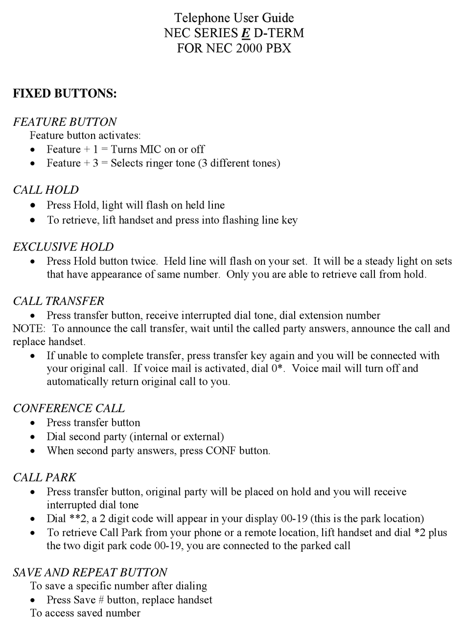 NEC 2000 PBX USER MANUAL Pdf Download ManualsLib