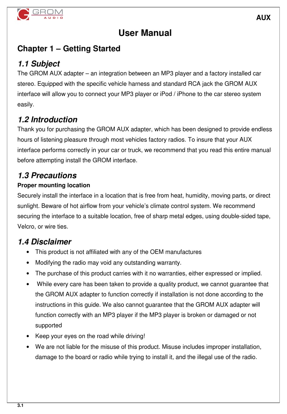 GROM AUDIO AUX ADAPTER USER MANUAL Pdf Download | ManualsLib