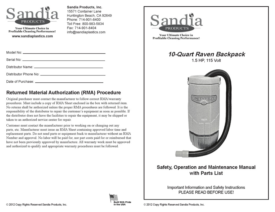 SANDIA PLASTICS RAVEN SERIES SAFETY, OPERATION AND MAINTENANCE MANUAL