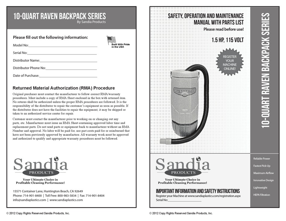 SANDIA PLASTICS RAVEN SERIES SAFETY, OPERATION AND MAINTENANCE MANUAL