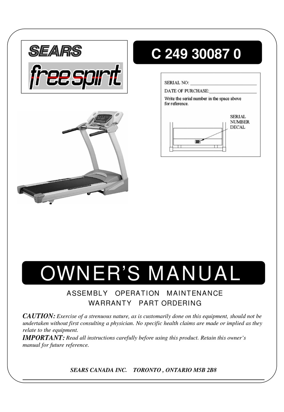 Sears free spirit online treadmill c249