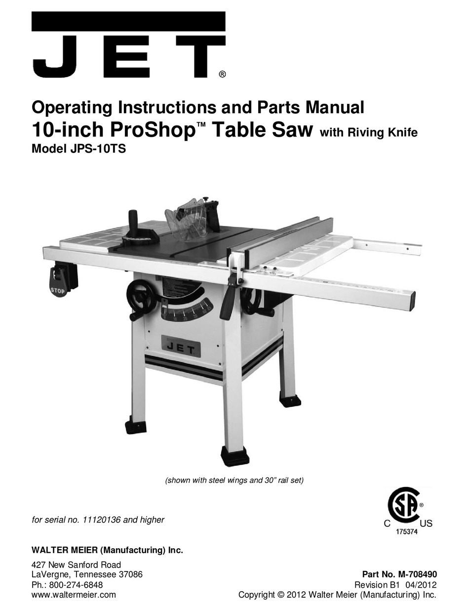 JET JPS10TS OPERATING INSTRUCTIONS AND PARTS MANUAL Pdf Download