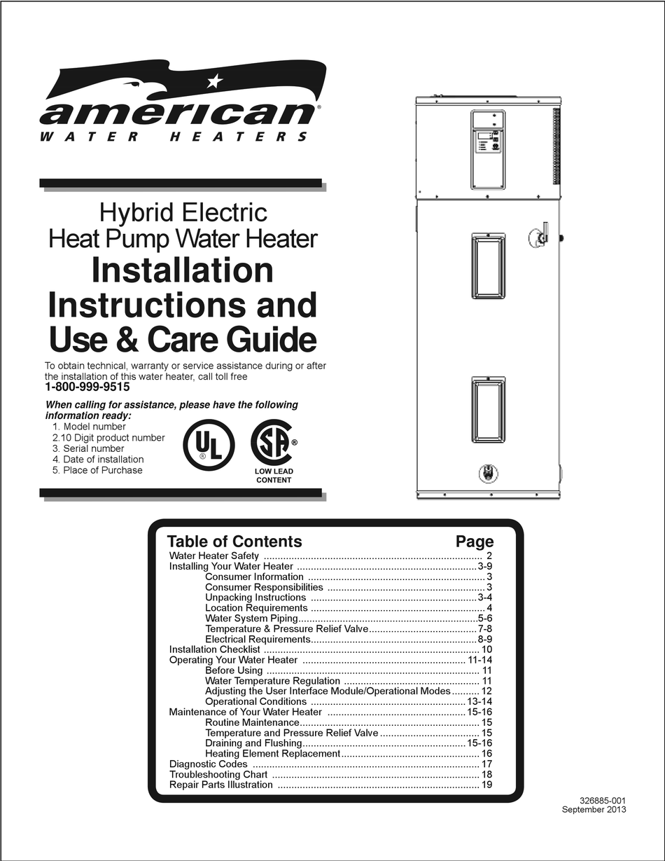 AMERICAN WATER HEATER HYBRID ELECTRIC HEAT PUMP WATER HEATER USER