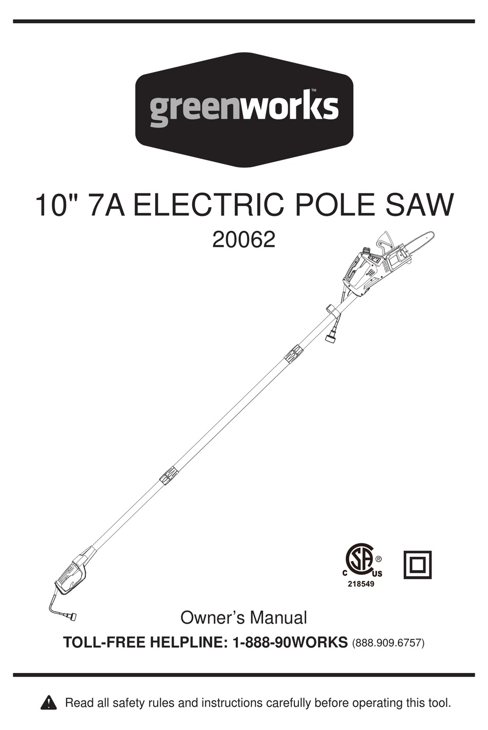 GREENWORKS 20062 OWNER'S MANUAL Pdf Download ManualsLib