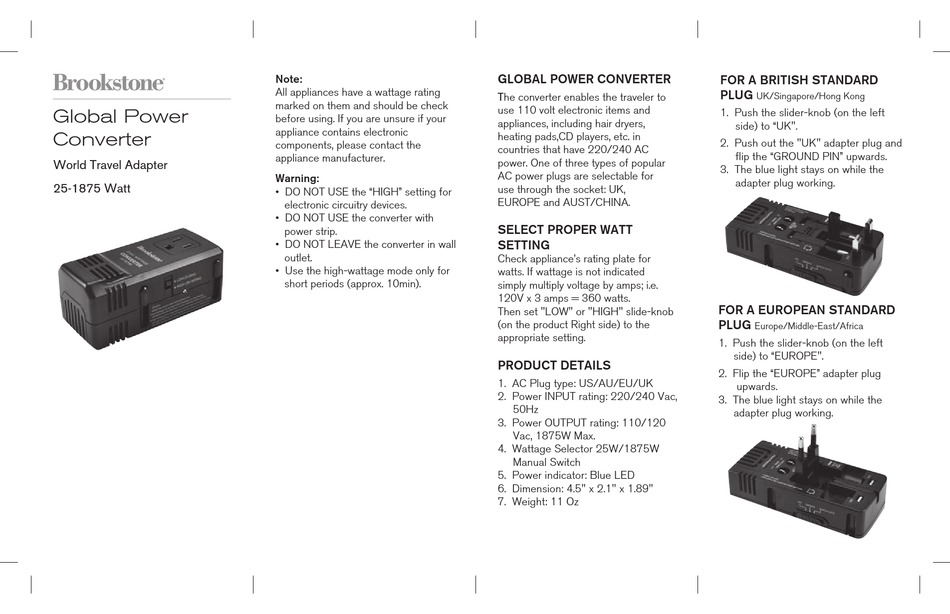 BROOKSTONE GLOBAL POWER CONVERTER INSTRUCTION MANUAL Pdf Download