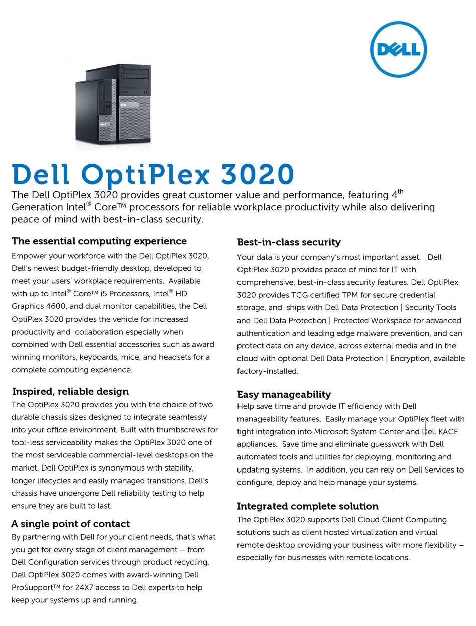 Dell Optiplex 3020 Specifications Pdf Download Manualslib