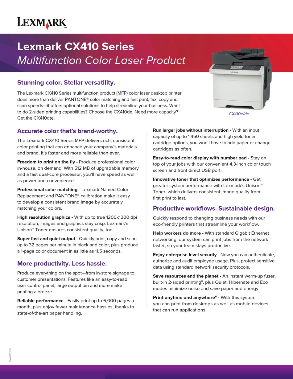 LEXMARK CX410E SPECIFICATIONS Pdf Download ManualsLib