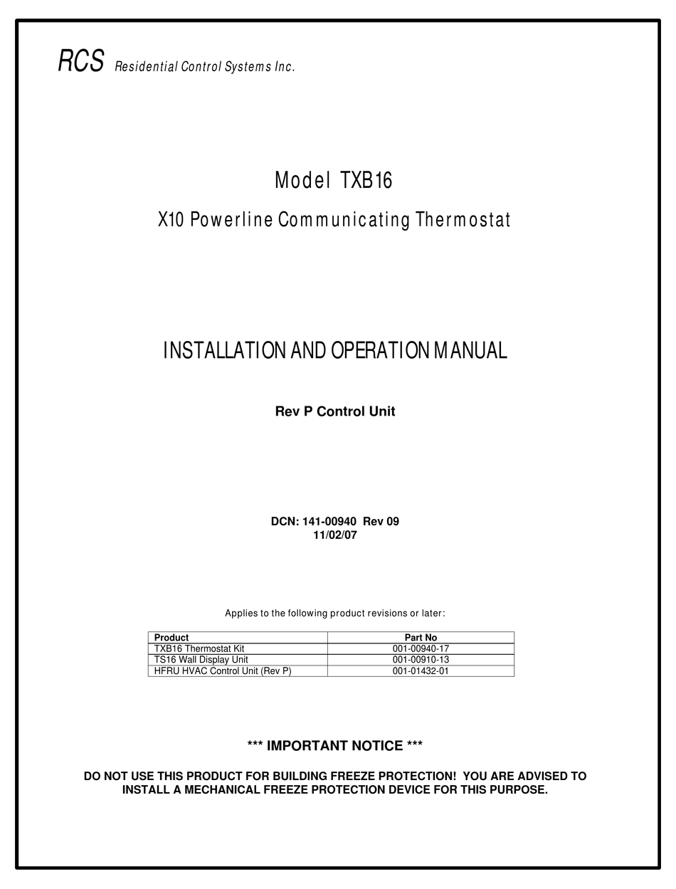 RESIDENTIAL CONTROL SYSTEMS TXB16 INSTALLATION AND OPERATION MANUAL Pdf