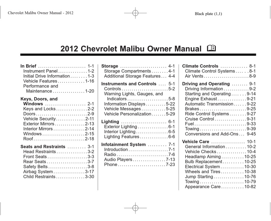CHEVROLET MALIBU 2012 OWNER