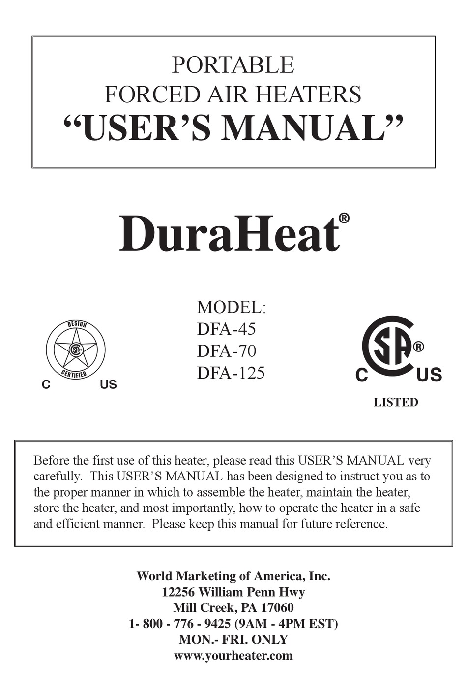 DURA HEAT DURAHEAT DFA45 USER MANUAL Pdf Download ManualsLib