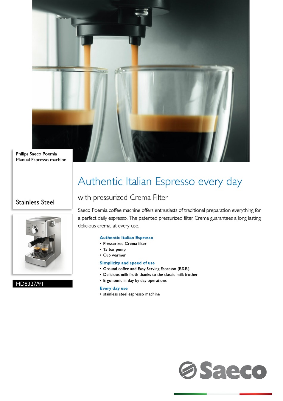 Macchina per Caffè Espresso Manuale Philips Saeco HD8327/91 Poemia Top SS 
