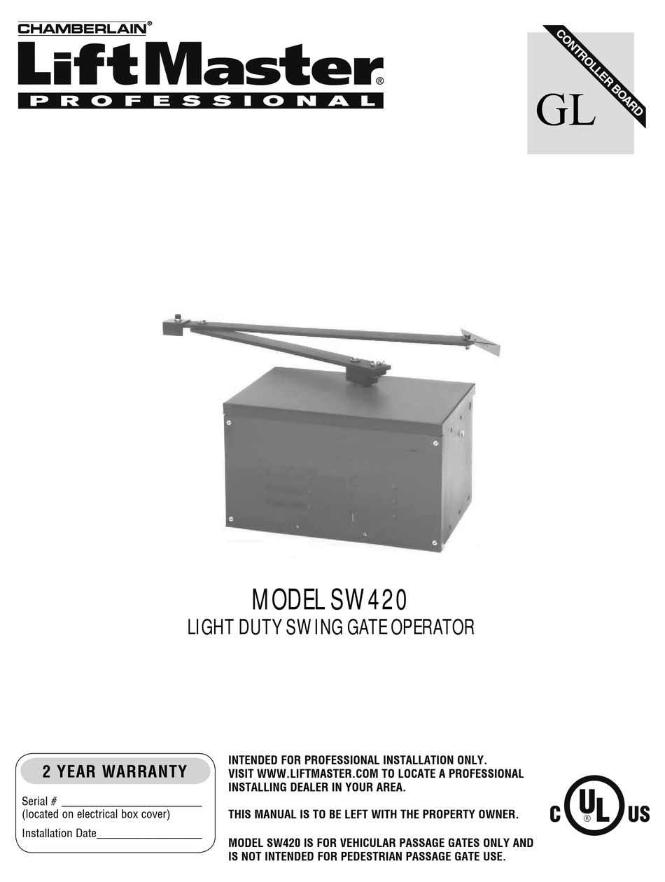 CHAMBERLAIN LIFTMASTER PROFESSIONAL SW420 OWNER'S MANUAL Pdf Download