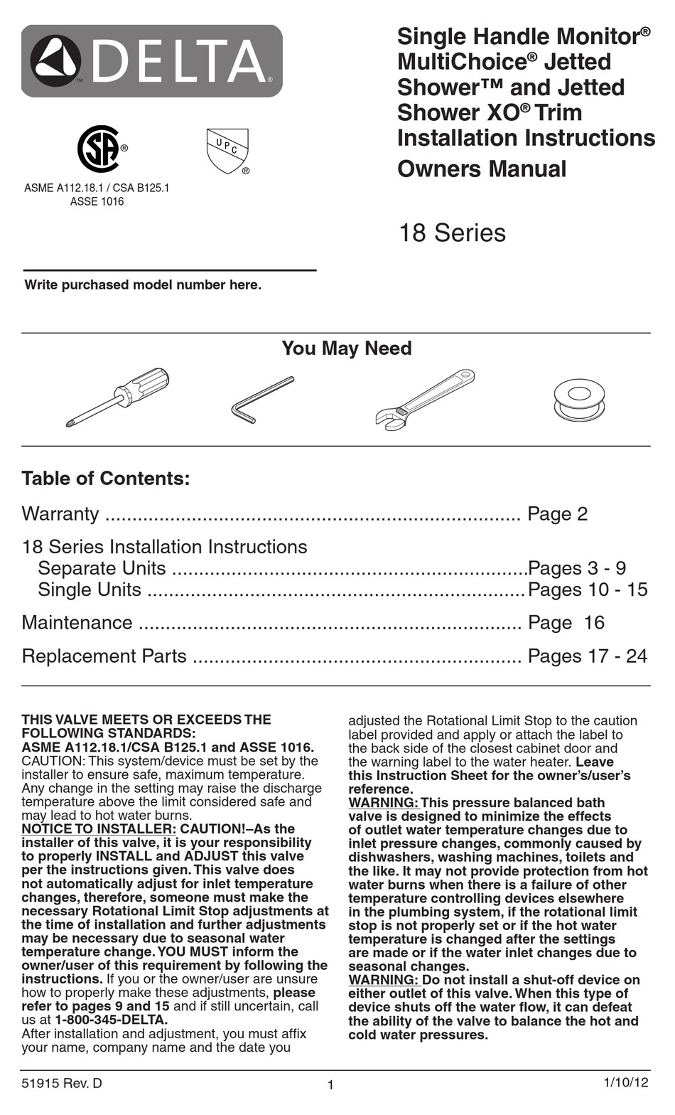 DELTA JETTED SHOWER INSTALLATION INSTRUCTIONS MANUAL Pdf Download