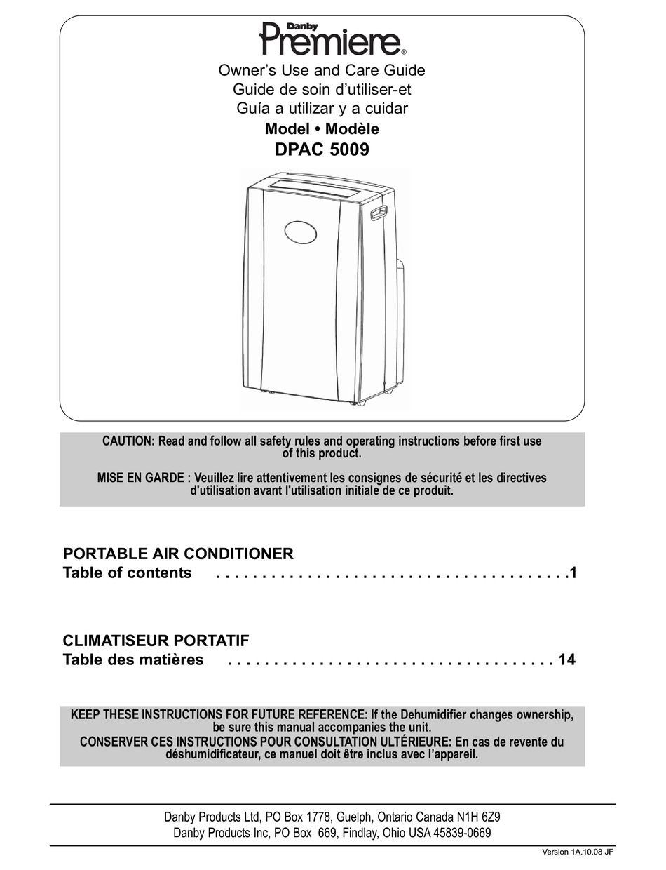 DANBY PREMIERE DPAC 5009 OWNER'S USE AND CARE MANUAL Pdf Download