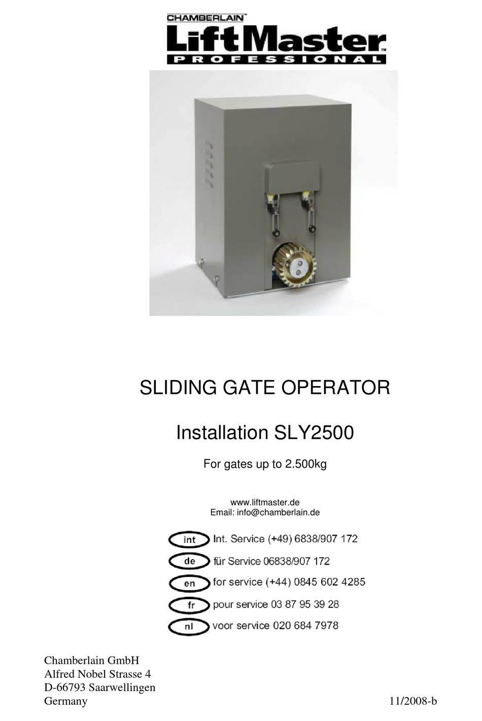 CHAMBERLAIN LIFTMASTER PROFESSIONAL SLY2500 INSTALLATION MANUAL Pdf