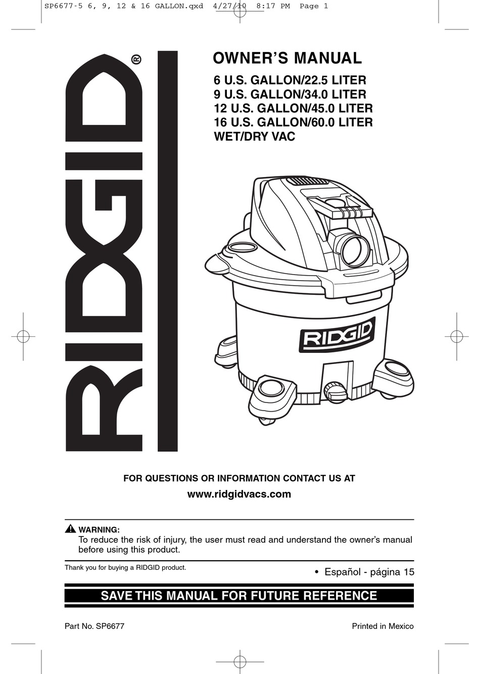 RIDGID 6 U.S. GALLON/22.5 LITER OWNER'S MANUAL Pdf Download | ManualsLib