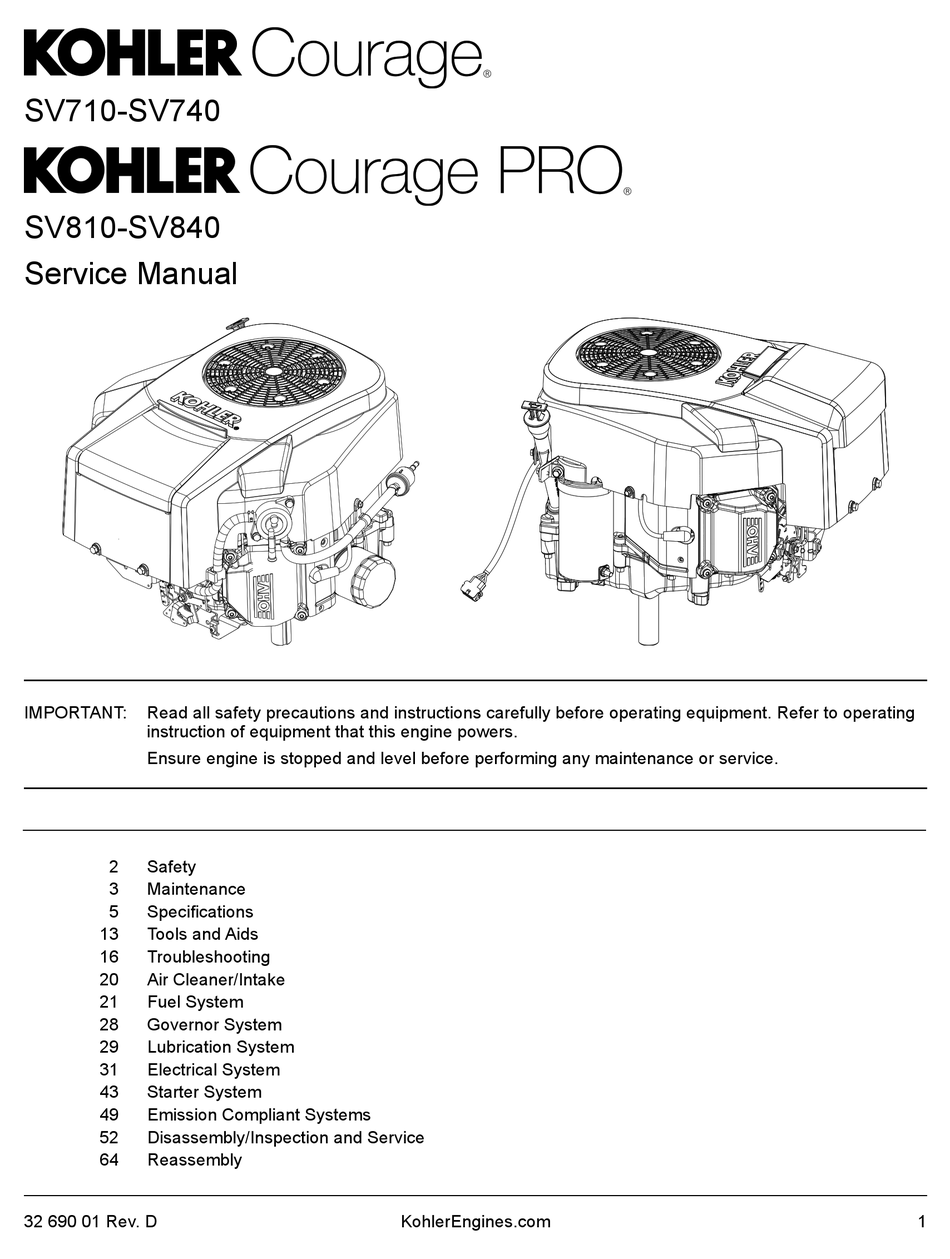 Kohler Courage Sv710 Service Manual Pdf Download Manualslib