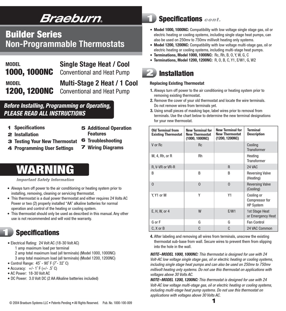 BRAEBURN BUILDER 1200NC INSTRUCTIONS MANUAL Pdf Download | ManualsLib  Braeburn Thermostat 1020 Wiring Diagram    ManualsLib