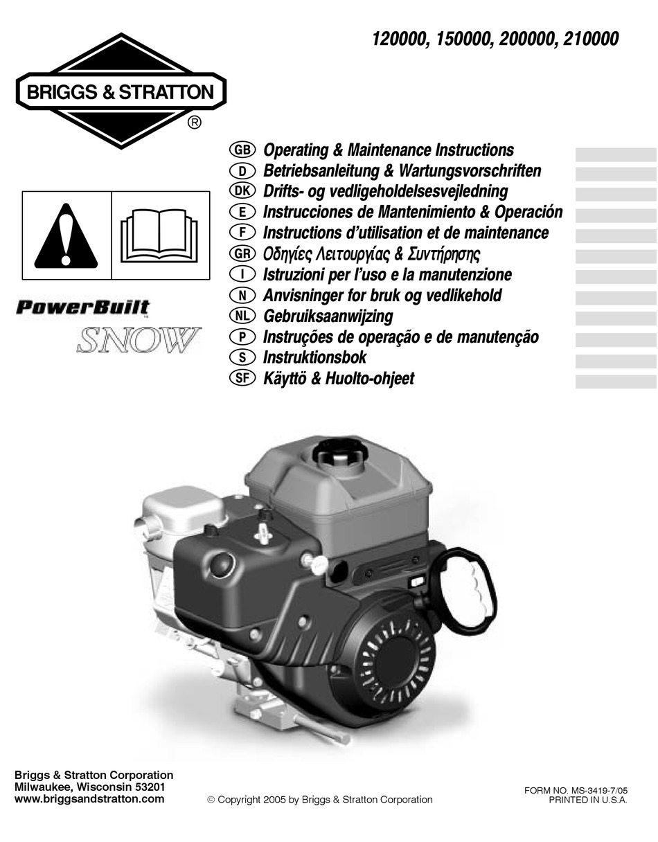 BRIGGS & STRATTON 120000 OPERATING AND MAINTENANCE INSTRUCTIONS MANUAL