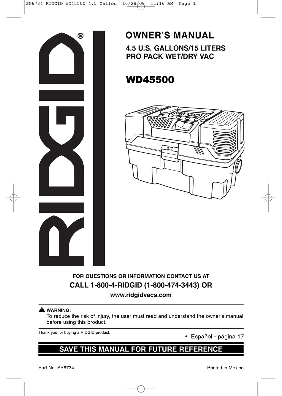 RIDGID WD45500 OWNER'S MANUAL Pdf Download | ManualsLib