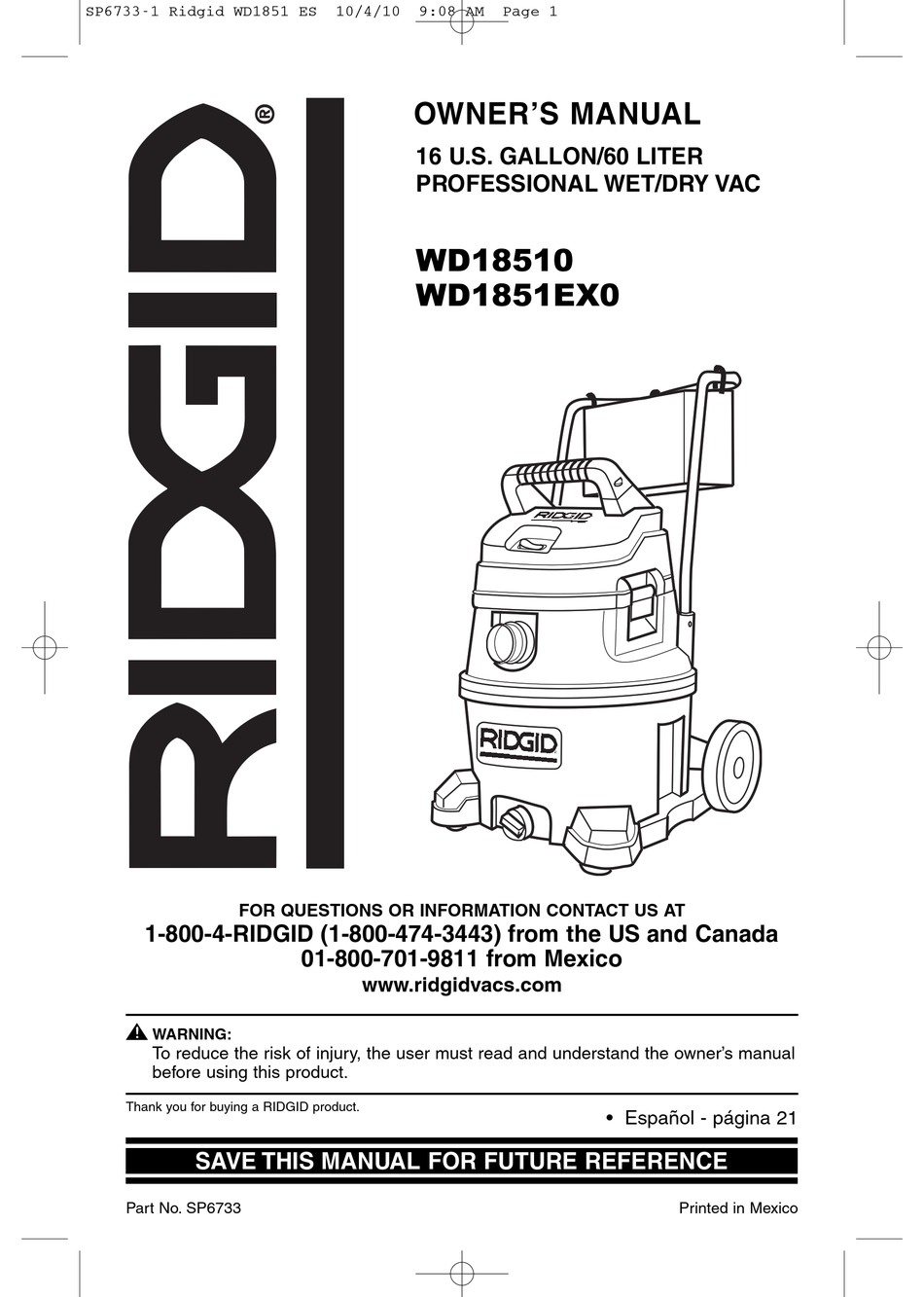 RIDGID WD18510 OWNER'S MANUAL Pdf Download | ManualsLib