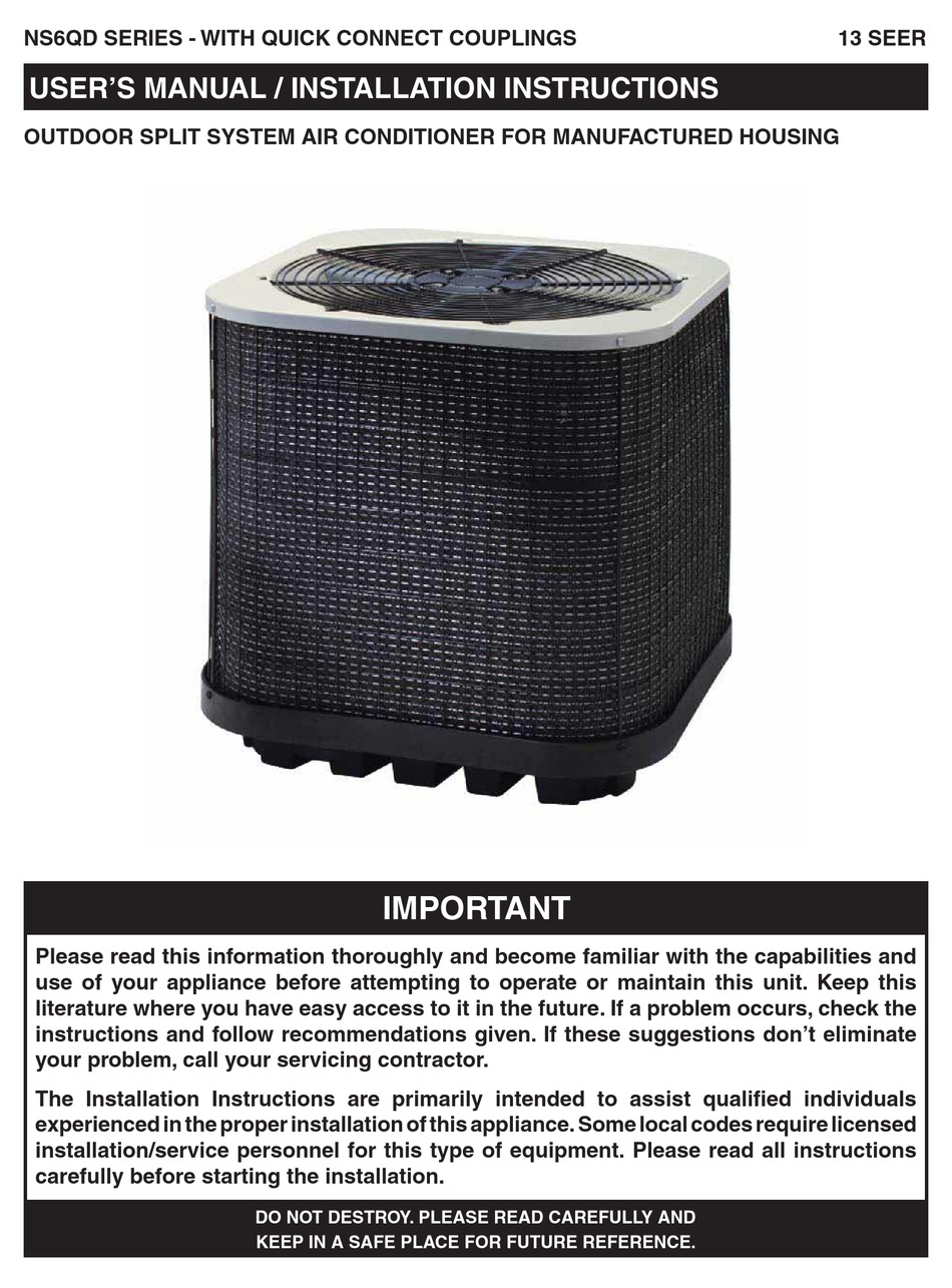 Nordyne Ns6qd Series User S Manual Installation Instructions Pdf Download Manualslib