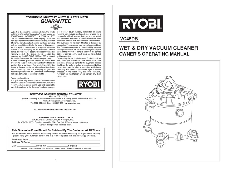 RYOBI VC45DB OWNER'S OPERATING MANUAL 