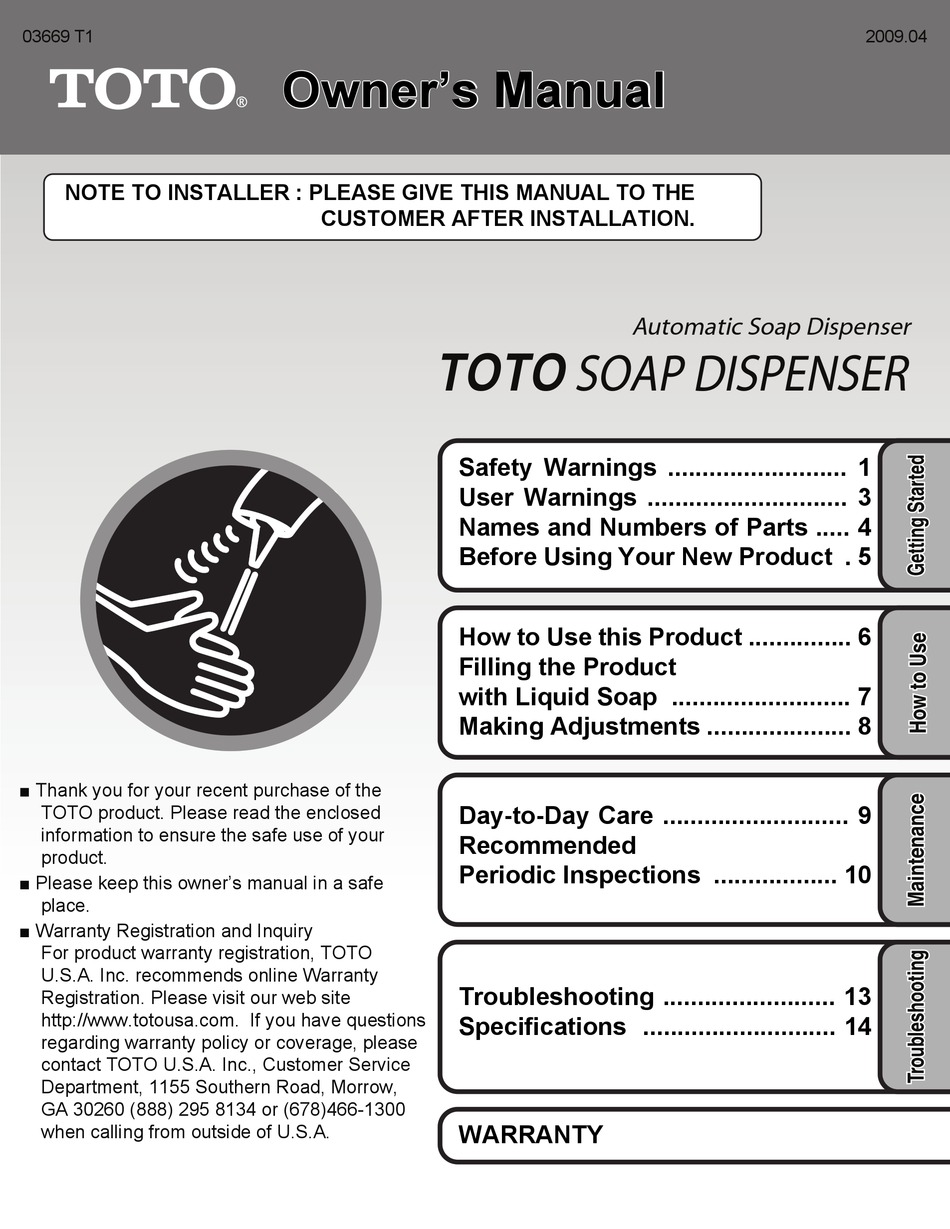 Toto Soap Dispenser Owner S Manual Pdf Download Manualslib